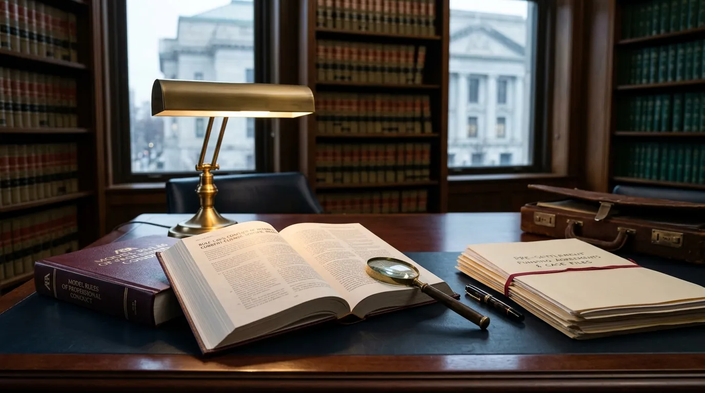 Editorial illustration of an attorney reviewing an ethics rule with a case file on the desk, professional muted palette