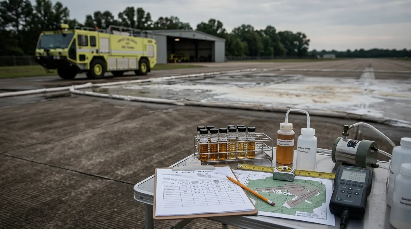 Editorial illustration of firefighting foam on a runway with a chemical-analysis document overlaid, muted professional palette