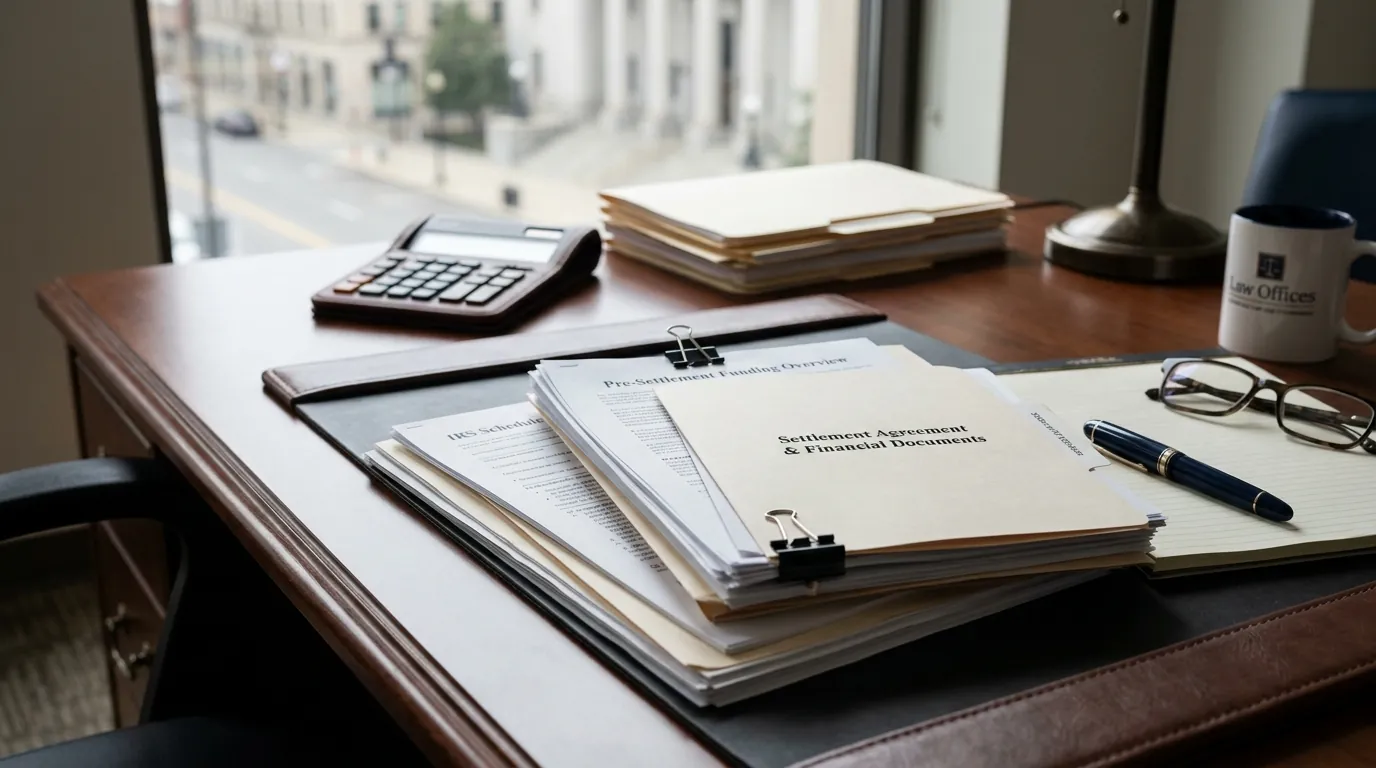 Article illustration — Do You Pay Taxes on Pre-Settlement Funding? The Complete 2026 T... (legal settlement documents on desk)