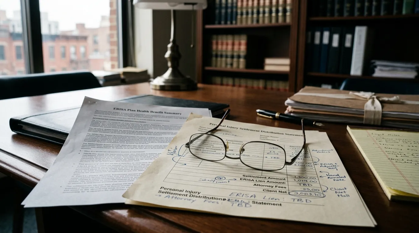 Editorial illustration of an ERISA plan document overlaid with a personal-injury settlement statement