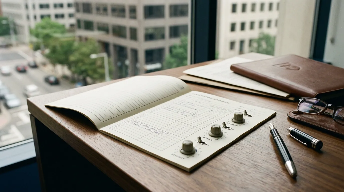 Editorial illustration of a claim scoring worksheet with rating dials on a desk, muted professional palette