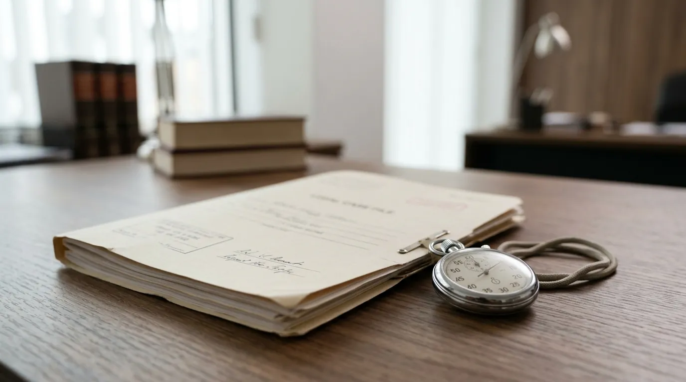 Editorial illustration of a stopwatch and case file on a desk, muted professional palette