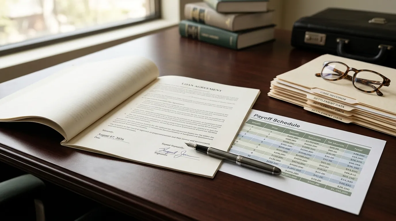Editorial illustration of a payoff schedule chart on a desk next to a signed contract, muted professional palette