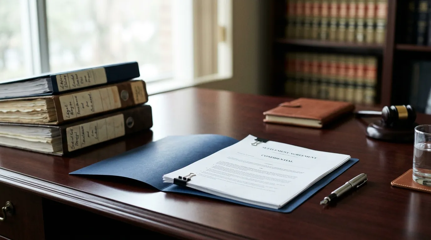 Article illustration — How Pre-Settlement Funding Affects Settlement Negotiation Lever... (legal settlement documents on desk)