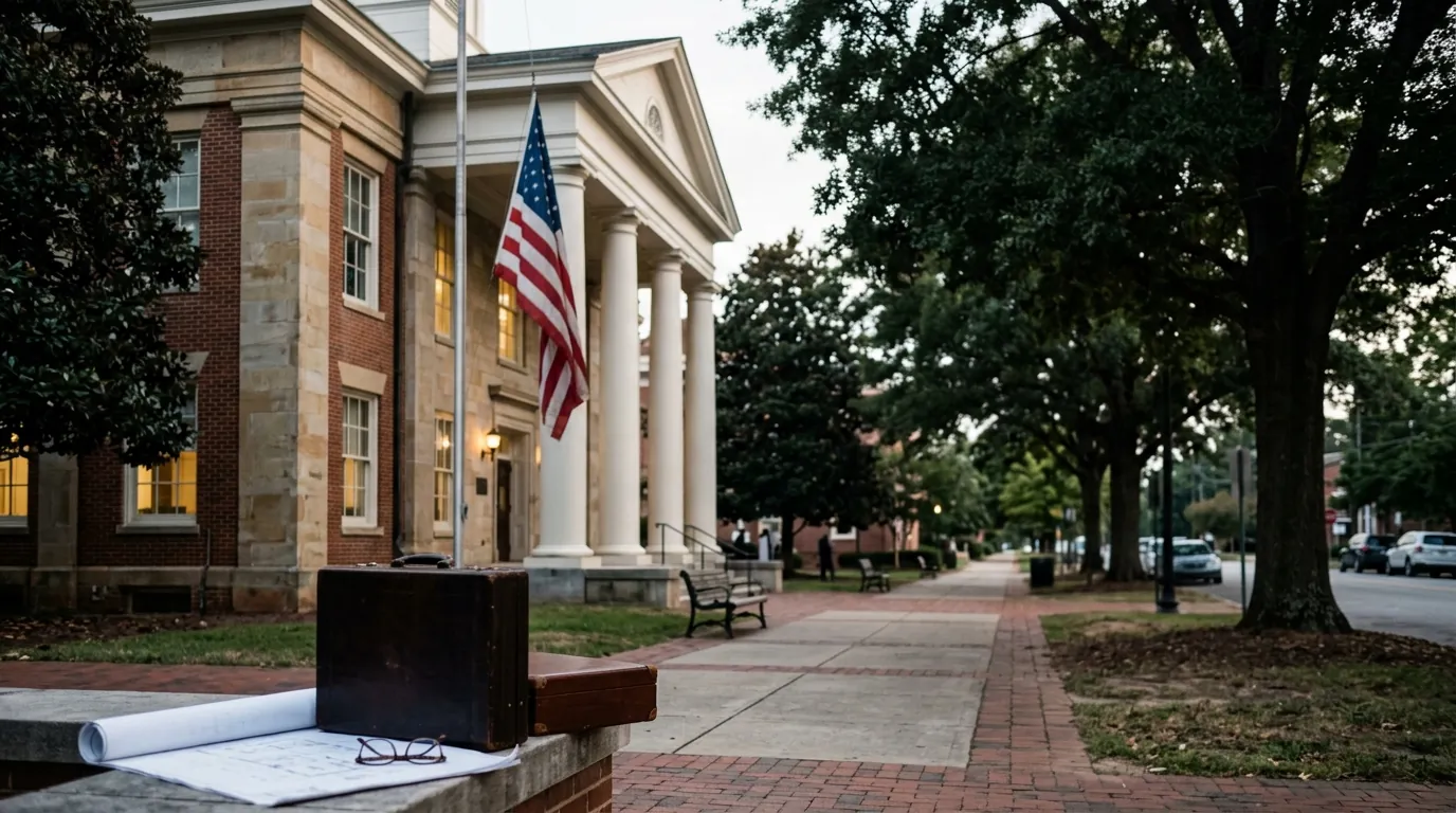 Editorial illustration of North Carolina state outline with a courthouse silhouette, muted professional palette