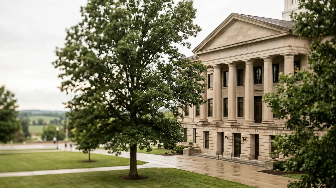 Editorial illustration of Ohio state outline with a courthouse silhouette, muted professional palette
