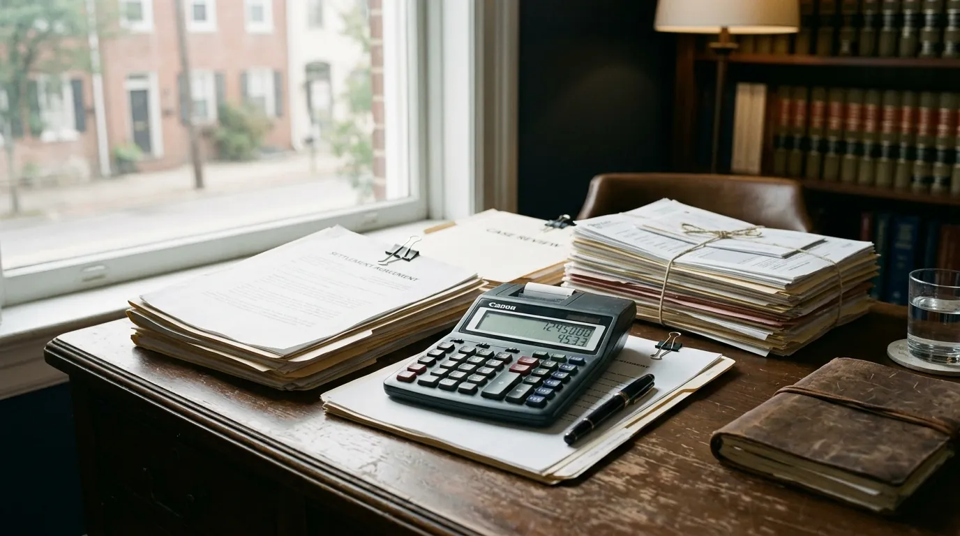 Article illustration — Pre-Settlement Funding Calculator: Estimate Your Advance + Payo... (legal settlement documents on desk)