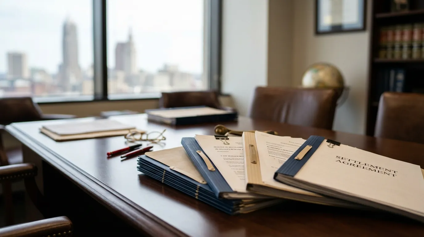 Article illustration — Pre-Settlement Funding in Cleveland, Columbus & Cincinnati: Cit... (legal settlement documents on desk)