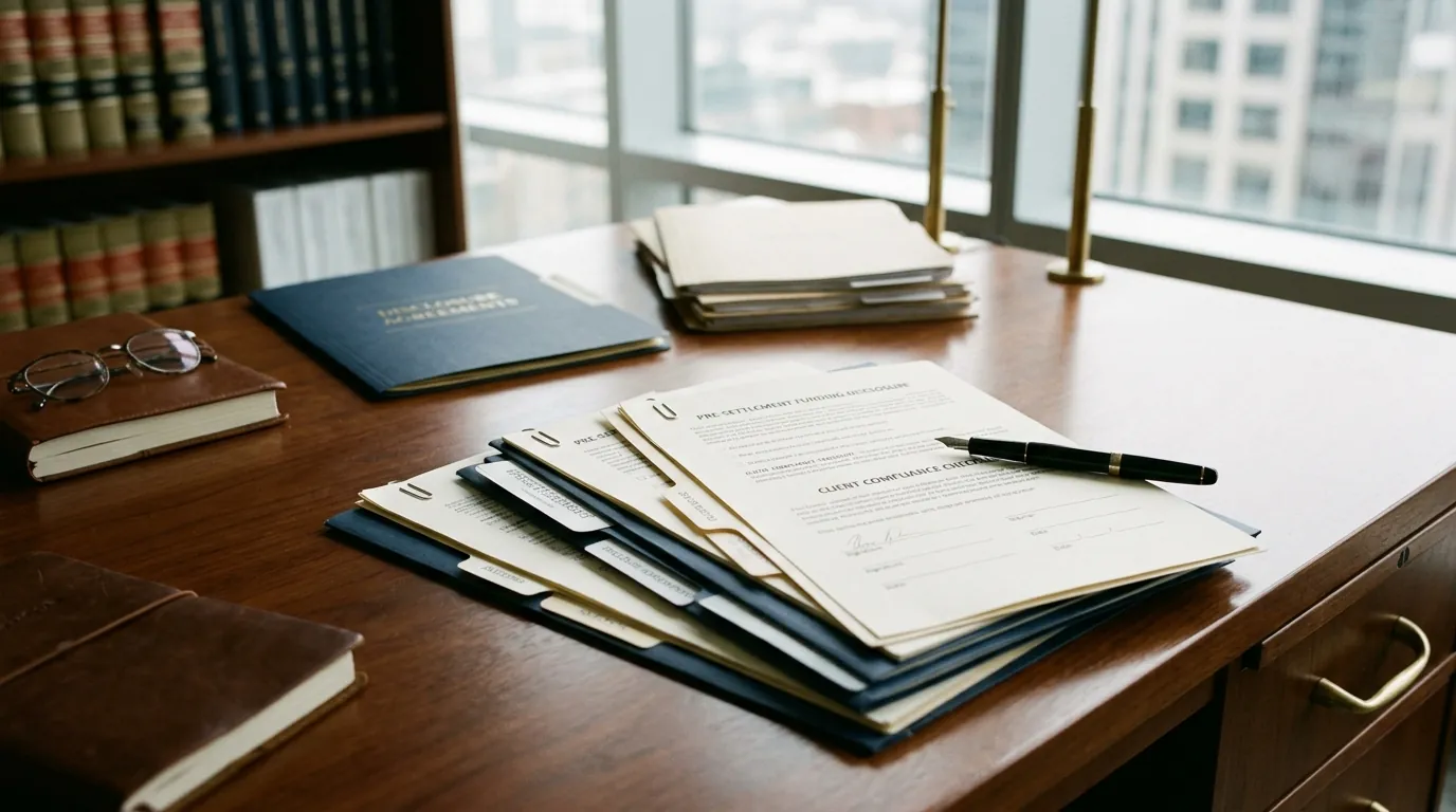 Article illustration — Pre-Settlement Funding Disclosure: An Attorney's 2026 Complianc... (legal settlement documents on desk)
