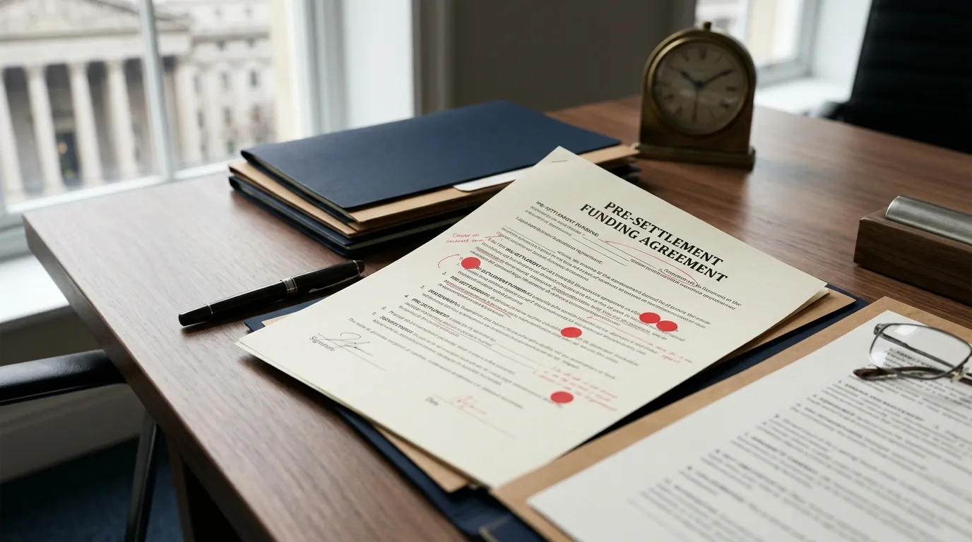 Editorial illustration of a contract with red warning flags overlaid on suspicious clauses, muted professional palette