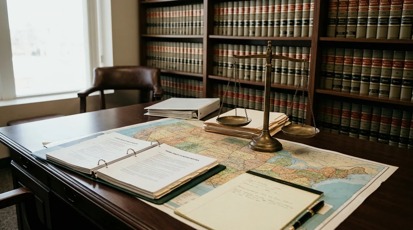 Editorial illustration of a US map overlaid with state-bar ethics documentation and a legal scale