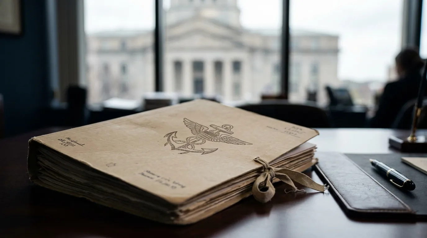 Editorial illustration of VA insignia over a case file