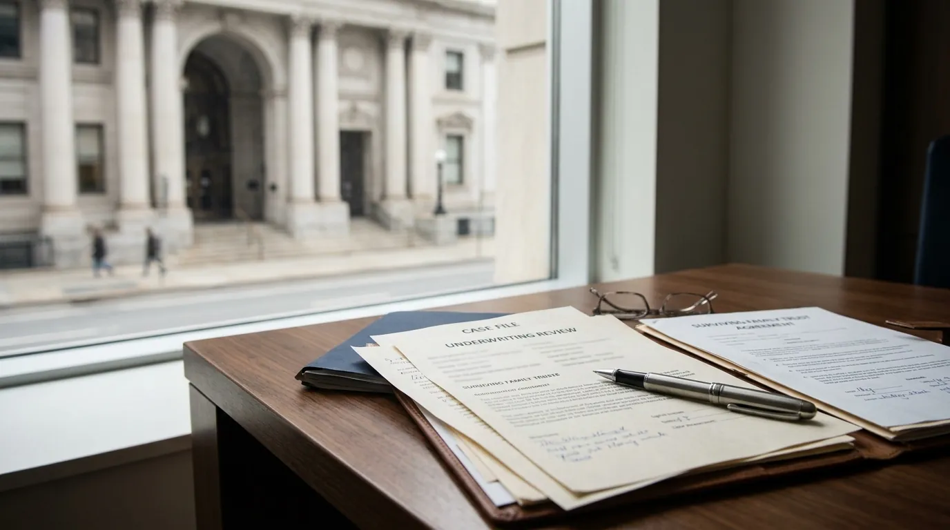 Editorial illustration of a family document being reviewed at a table with a courthouse in the background, muted professional palette